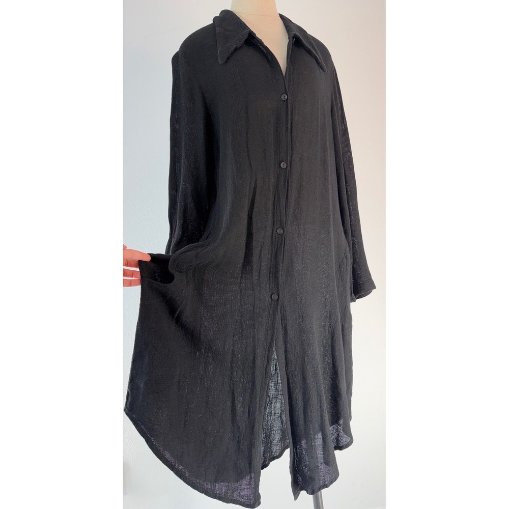 Khangura Black Button Front Tunic Mini Dress Swim Cover Linen Blend Oversized S